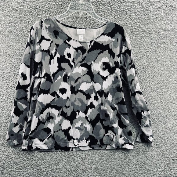 Weekends Chicos Women Top 2 Large Black White Long Sleeve Pullover Shirt Stretch - Picture 1 of 9